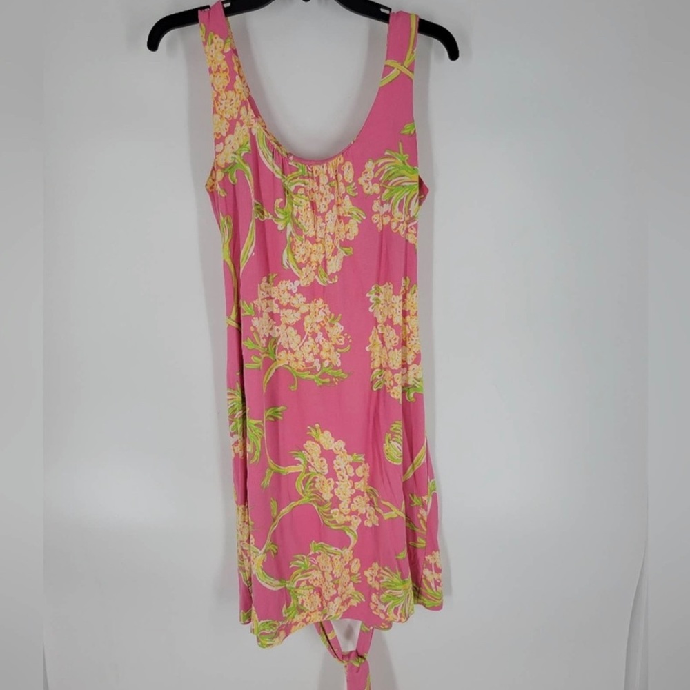 Lilly Pulizter Pink Yellow Floral Waist Tie Sleeveless Mini Dress M EUC